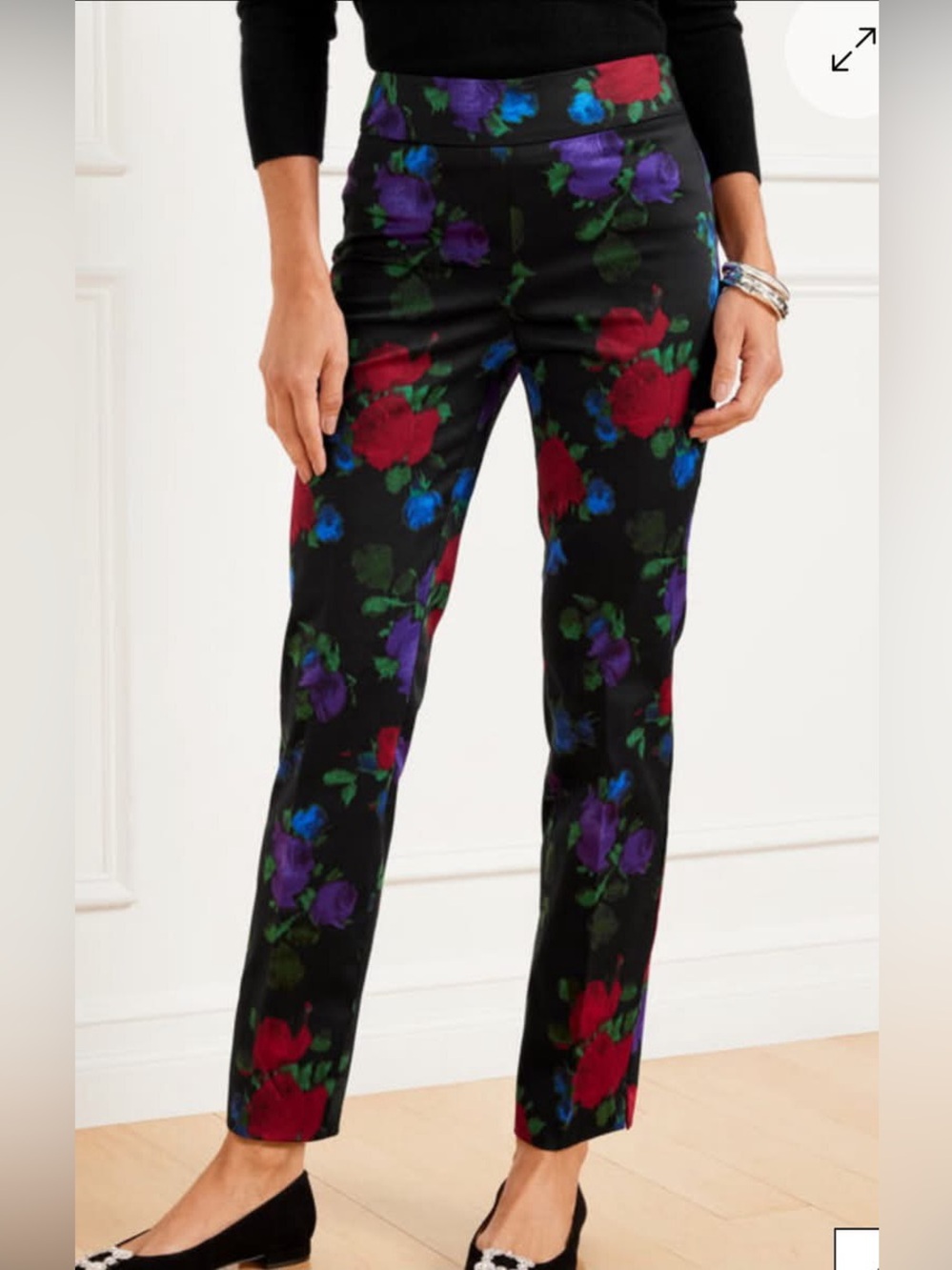 Talbots size 10 Straight-Leg sateen Pants Black with Red & Purple Floral